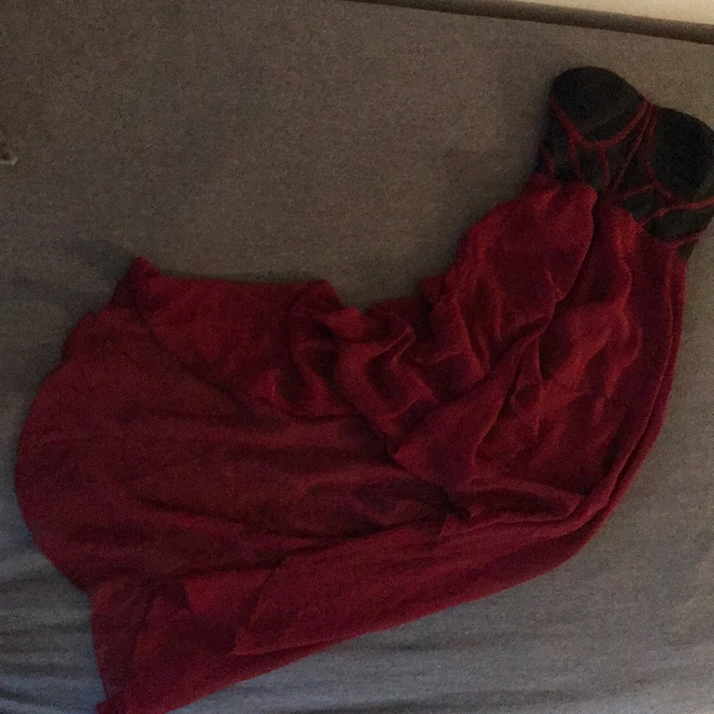 Strapless hi-low Windsor dress in burgundy & black